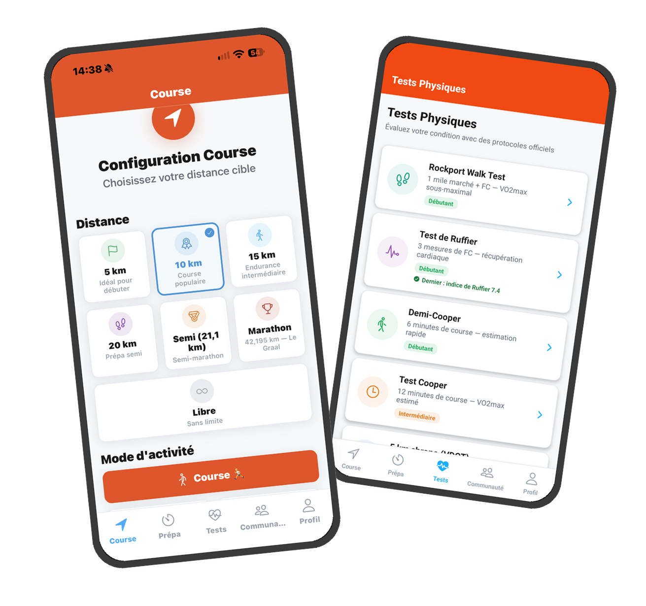 Écrans de Run Expert : configuration d'une course GPS et liste des tests physiques